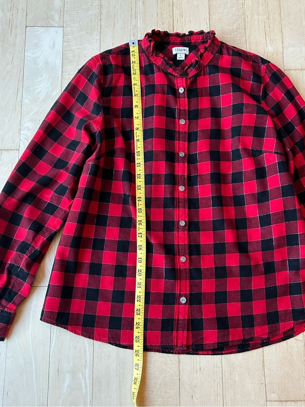 J. Crew Women’s Button Front Flannel Top with Ruffled Collar Red/Black Large